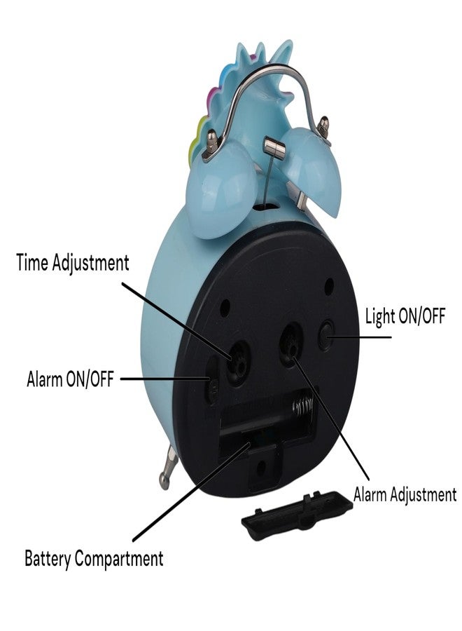 De'rons Twin Bell Analog Table Alarm Clock with Backlight for Heavy Sleepers Loud Alarm Clock for Students Funny Cute Cartoon Unicorn Shape Alarm Clock for Girls Kids Boys Bedroom 13.5 x 10 cm (Blue) - Image 4